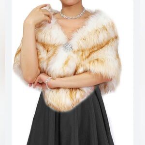 Faux Fur Shawl with Rhinestone Pin
